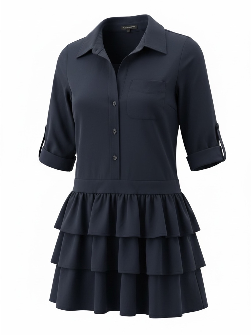 Tahari Navy Tiered Ruffle Shirt Dress